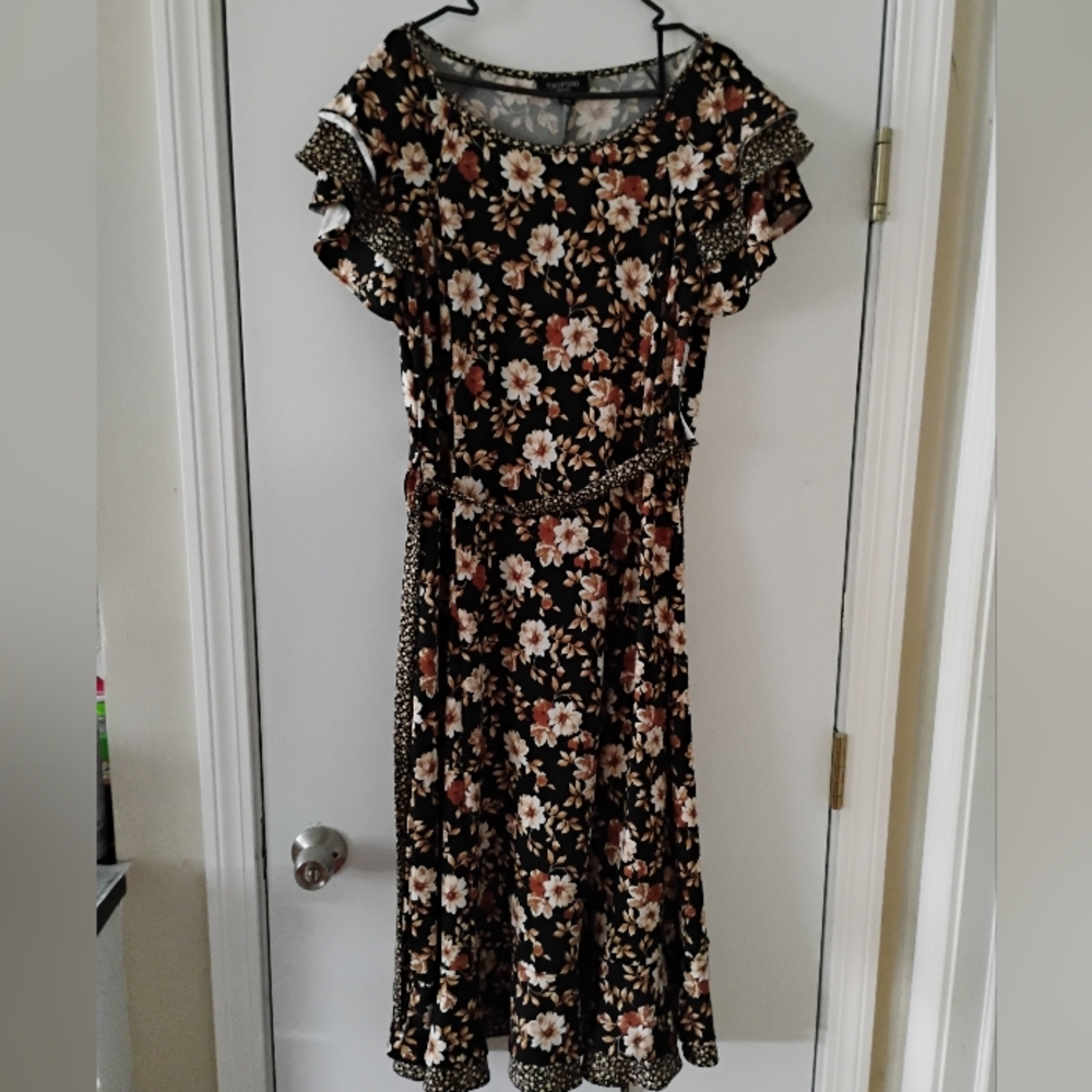 70% OFF Perceptions Black Dress with Cream and Brown Floral Pattern